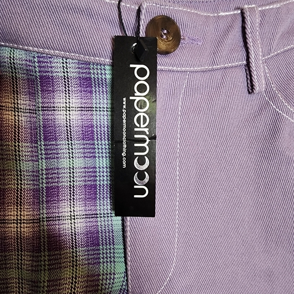 NWT Papermoom Mixed fabric Denim Pleated mini skirt. Purple green. Size Medium. - Picture 14 of 16